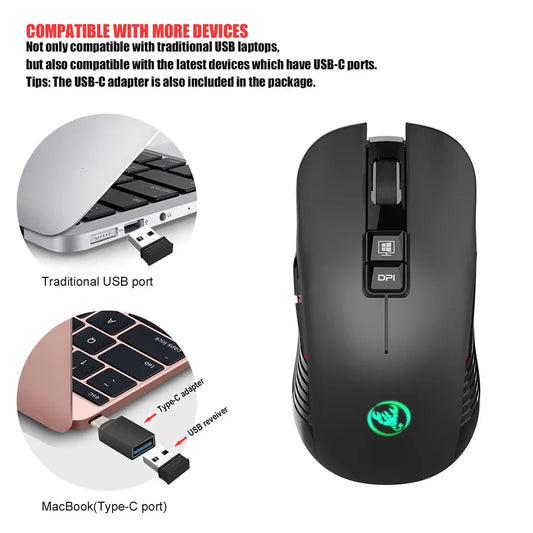 Uppladdningsbar trådlös USB-mus för höger hand med Type-C för bärbar dator, tysta klick, bakgrundsbelyst gamingmus 3600cpi