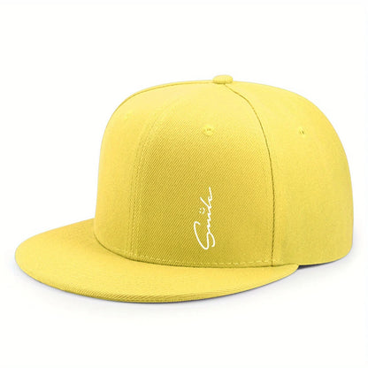 Lettered smiley face print stylish baseball cap for men and women adjustable sun protection woven flat brim sun hat gorras
