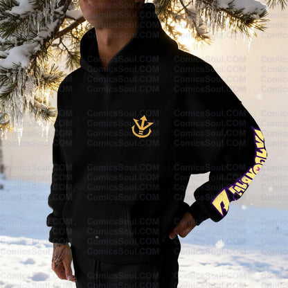 Conjunto de sudadera con capucha negra Dragon Ball Z Frieza Golden Form con estampado trasero de efecto de energía morada en algodón y diseño con logotipo M