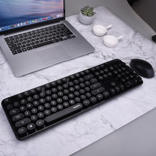 MOFii Black Retro Round Keycaps Wireless Keyboard & Mouse Combo, 2.4G Quiet Office Set, US QWERTY Layout