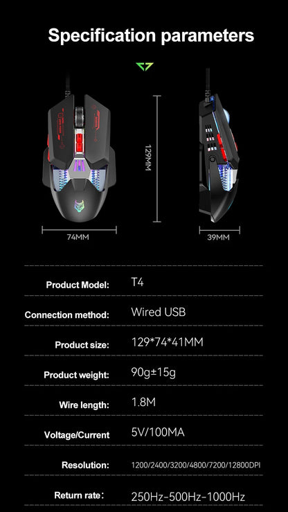APAYADO T4 Wired Gaming Mouse 12800 DPI RGB Gaming Mouse with 1000Hz Polling Rate, Ultra-Light Cable, 60IPS Precision Mouse for PC & Laptop