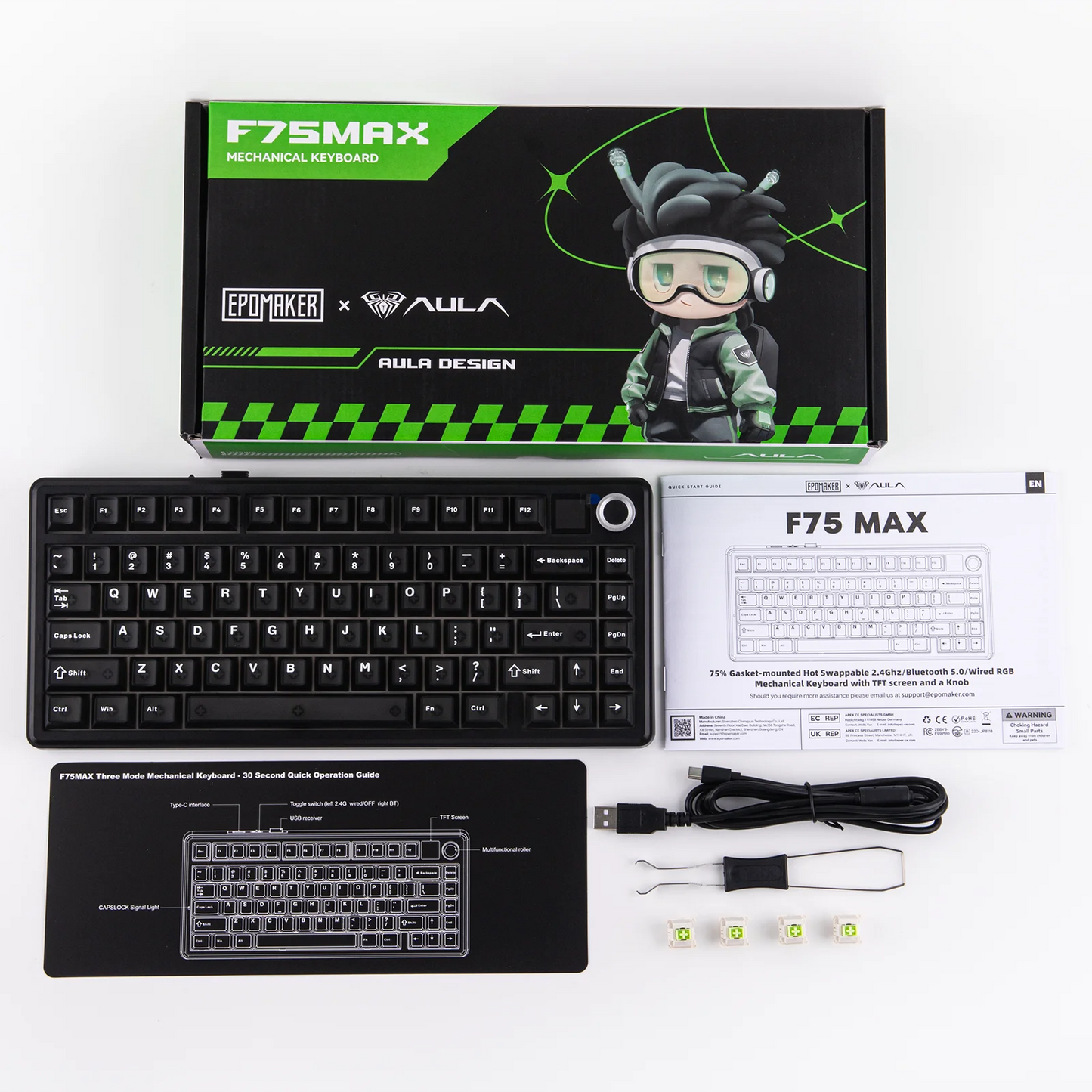EPOMAKER X AULA F75 MAX kompakte mechanische Tastatur im 75-%-ANSI-Layout, kabelgebunden/Bluetooth/2.4GHz kabellos, mit TFT-Bildschirm und Drehregler