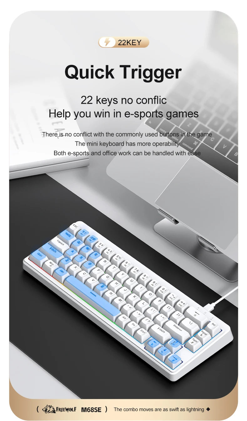 FREEWOLF M68SE Teclado con tacto mecánico de 68 teclas, mini teclado compacto con cable y silencioso para portátiles, gaming y uso de oficina