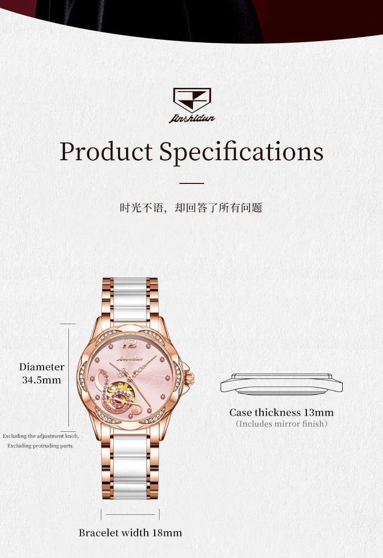 JSDUN 8820 Women Watches Mechanical Watch Luxury Elegant Original Watch Ceramics Strap Waterproof Luminous Ladies Watch Gift Box