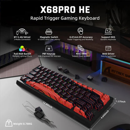 ATTACK SHARK X68PRO HE Tastiera gaming wireless Rapid Trigger con attuazione regolabile, hot-swap, retroilluminazione RGB, BT/2.4GHz/cablata