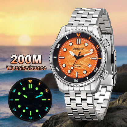 BERNY Diver Automatic Watches Men's Luxury Sapphire 316L Stainless Steel Mechanical Watch 42MM 200M Waterproof Diving Men Watch
