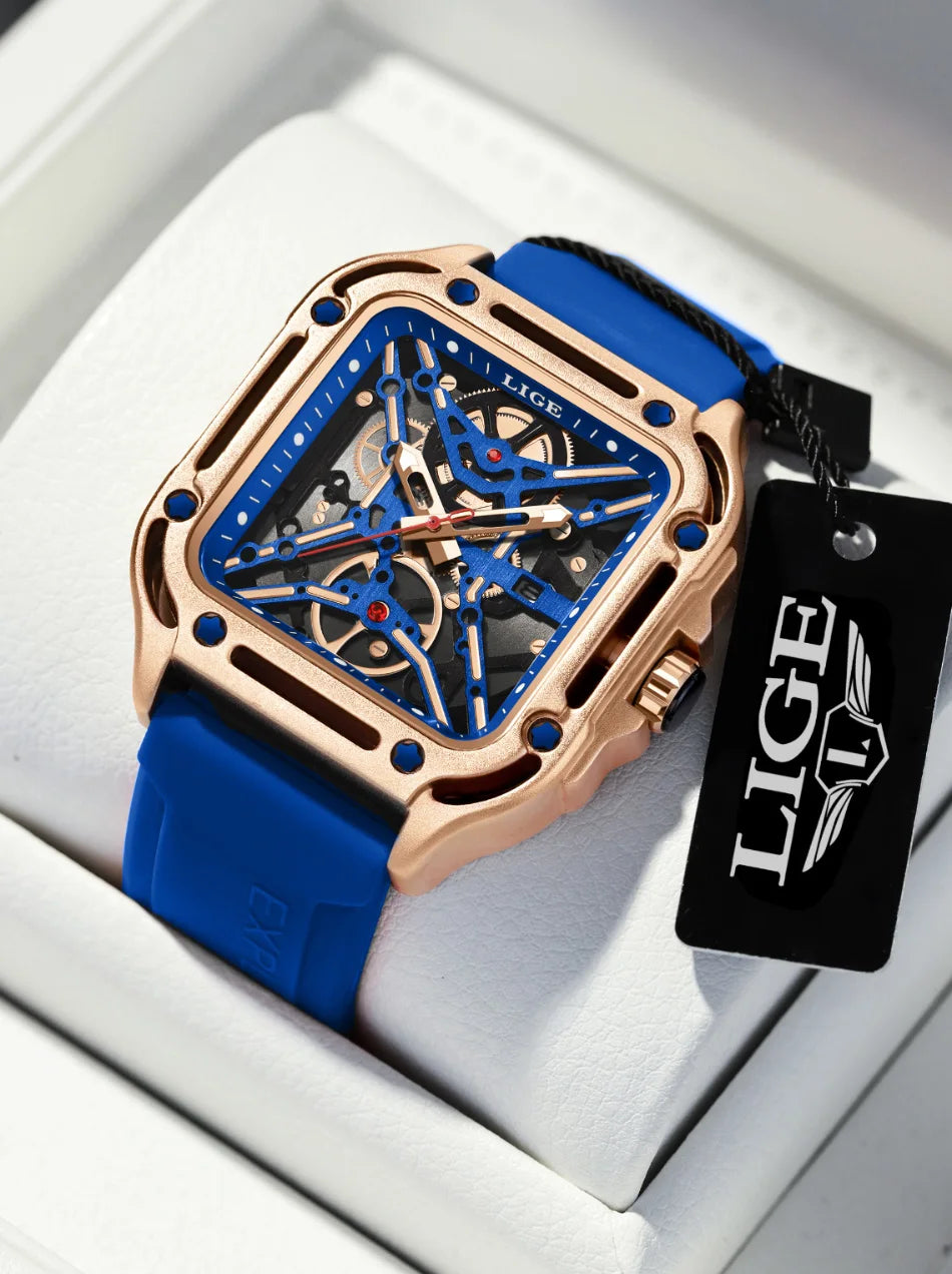 LIGE New Fashion Men Watches Luxury Large Dial Square Design Quartz Watch Casual Silicone Band Men's Sports Watches Reloj Hombre