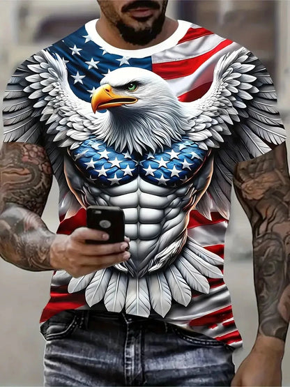 Nova kul majica s potiskom orla za moške, oblačila s 3D-potiskom plamenečega orla, poletni ulični modni slog, trendovska moška majica s kratkimi rokavi