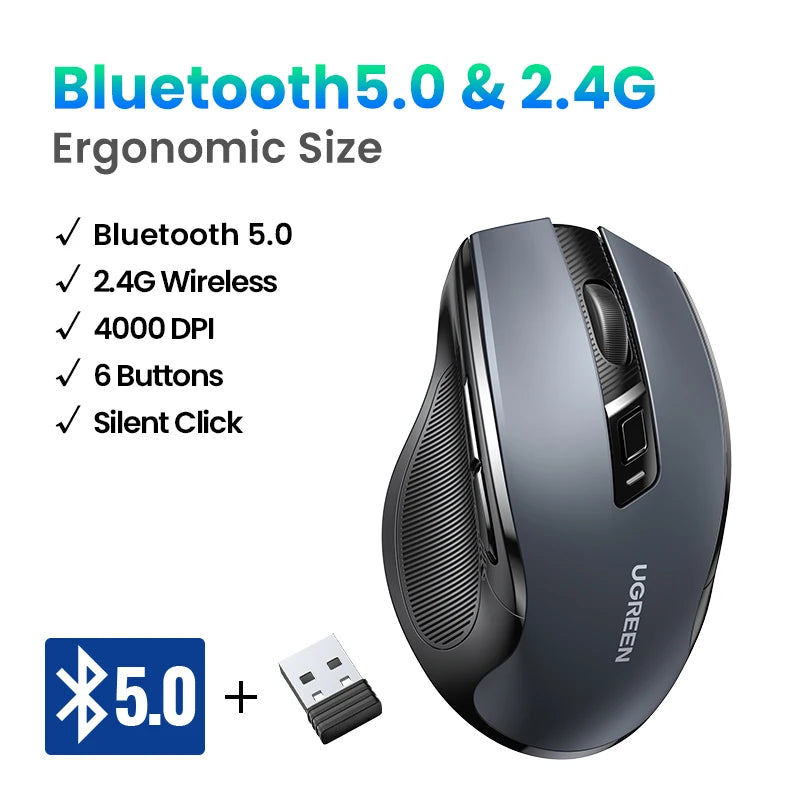 Ratón inalámbrico UGREEN Bluetooth 5.0 ergonómico 4000DPI con 6 botones silenciosos para MacBook, tabletas, portátiles, ordenadores y PC, ratón 2.4G