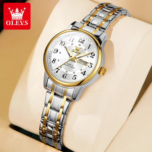 OLEVS 2891 Luxury Brand Fashion Women's Watches Waterproof Luminous Quartz Watch Dual Calendar Stainless Steel Strap Wristwatch