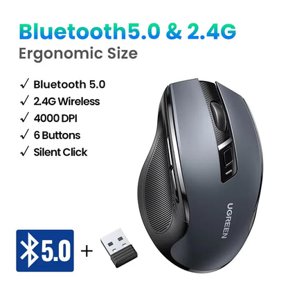 Rato sem fios UGREEN Bluetooth 5.0 ergonómico, 4000DPI, 6 botões silenciosos, para MacBook, tablet, portáteis, computador e PC, rato 2.4G