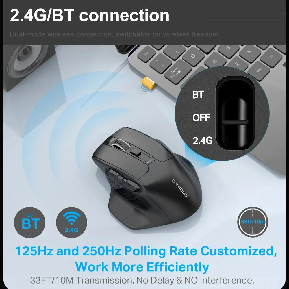 E-YOOSO X-31 Pro USB гейминг мишка с голяма опора, Bluetooth 2.4G безжична връзка, PAW3212, 4800 DPI, за геймъри, компютър, лаптоп и PC