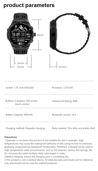 2026 New Military GPS Smart Watch 1000Mah Battery Compass IP68 Waterproof Tactics Sport Flashlight BT Call Smart Watch For Men