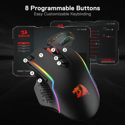 Ratón gaming inalámbrico Redragon M810 Pro, ratón gamer con cable de 10000 DPI con tecla Rapid Fire, 8 botones macro, negro/blanco