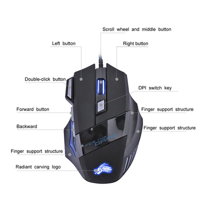 Rato Gaming com Fio, Retroiluminação de 7 Cores, 5500 DPI Ajustáveis, Preto, Rato Ótico com Fio para PC Gamer e Computador de Secretária
