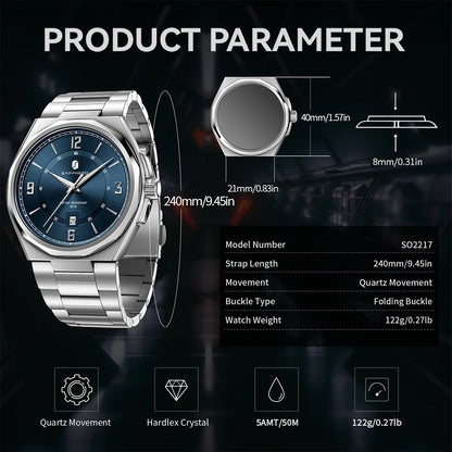 SAPPHERO Luxury Men's Watches Date Display Stainless Steel Watch Strap Men's Gifts Travel Essentials Waterproof Wristwatch