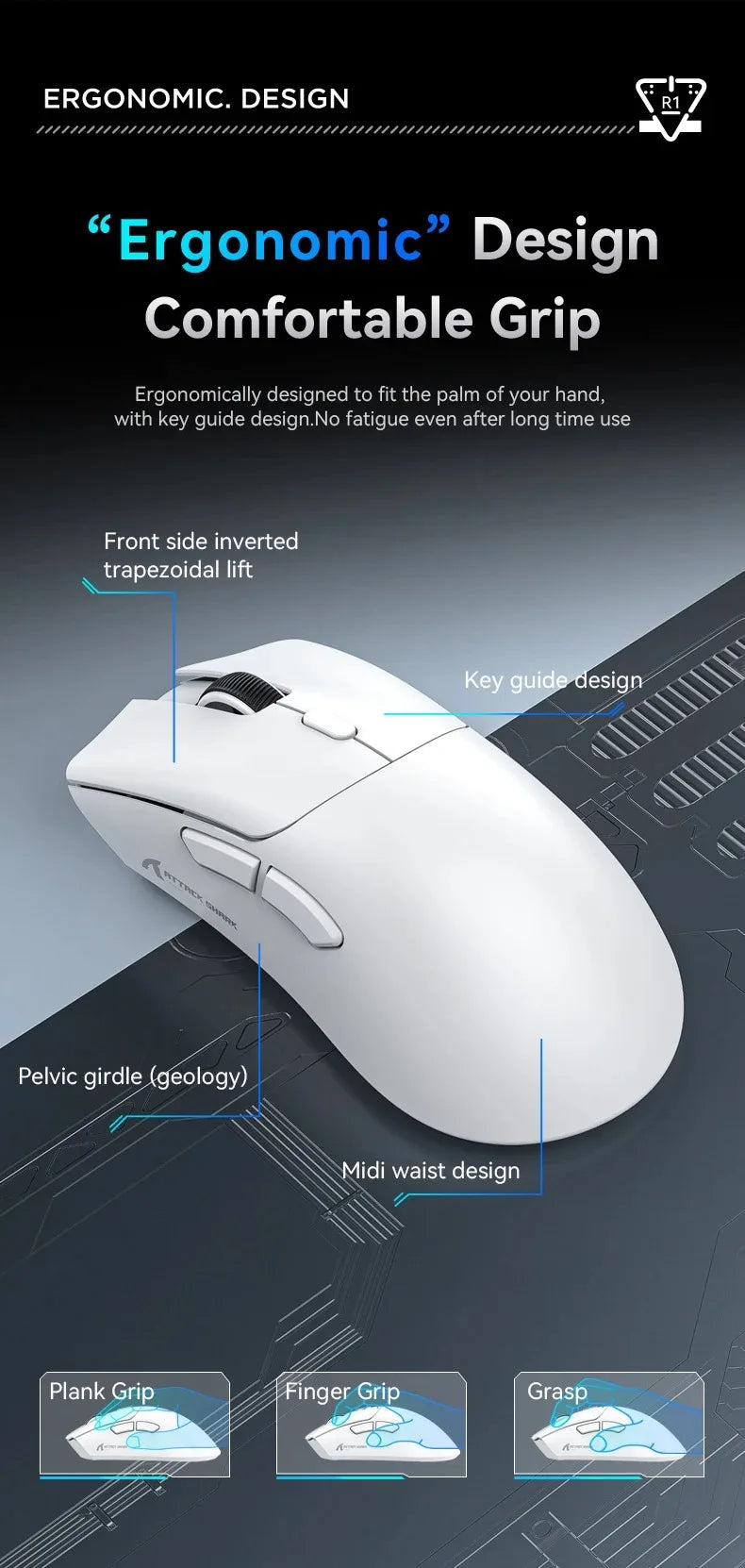 Attack Shark R1 Wireless Mouse for Gaming 1000 Hz PAW3311 Sensor, Rechargeable, Bluetooth Tri-mode, Ergonomic