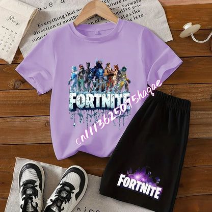 Conjunto infantil de verão Fortnite com t-shirt e calções anime, 2 peças, manga curta, algodão, casual, desportivo, presente