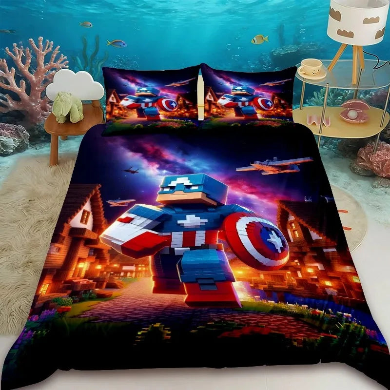 Funda nórdica infantil de dibujos animados Minecraft, juego de ropa de cama con funda de edredón, tamaños Queen, King y Full, con 1/2 fundas de almohada para dormitorio