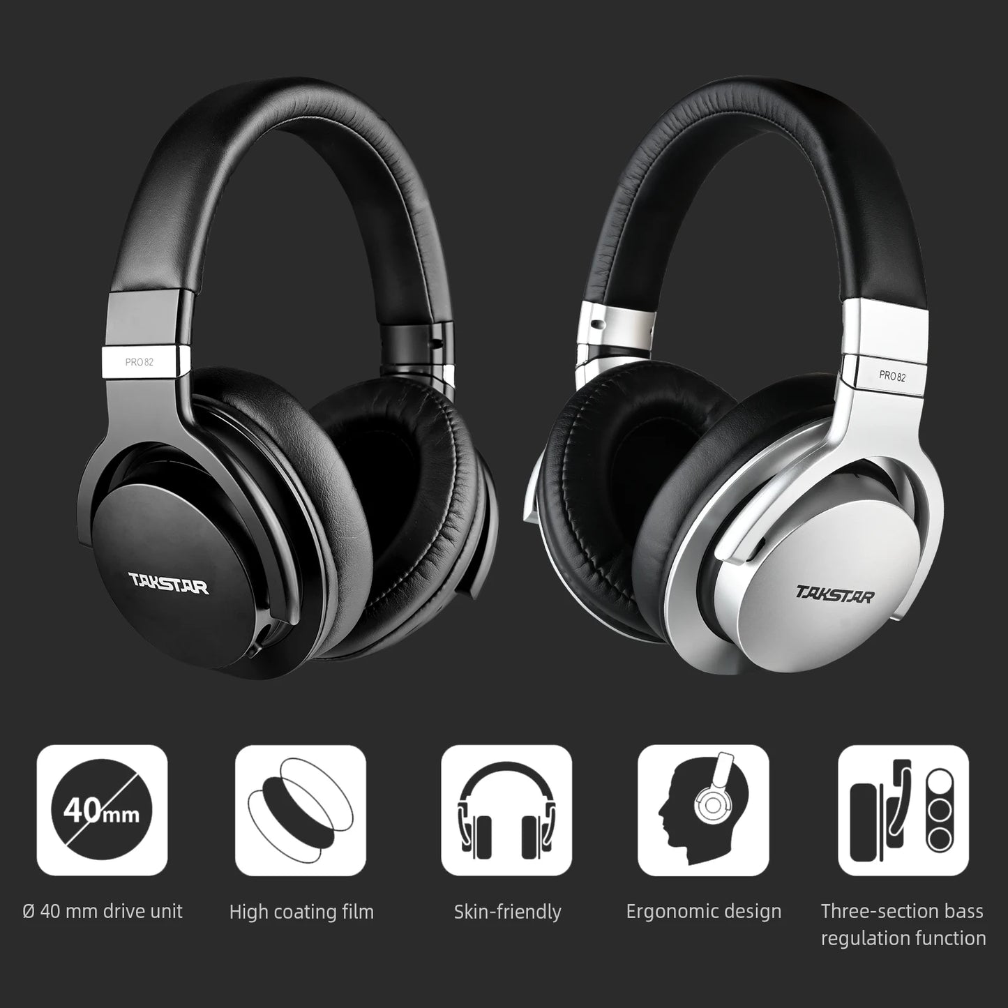 Takstar PRO82 Professional Monitor Headphones – HiFi Stereo Wired Studio Headset for Recording, Gaming & Bass-Adjustable Precision Sound