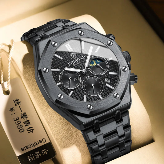 BINBOND 0161 Brand Man Quartz Watch Luxury Luminous Chronograph Wristwatch Stainless Steel Waterproof Men Date Calendar Clock