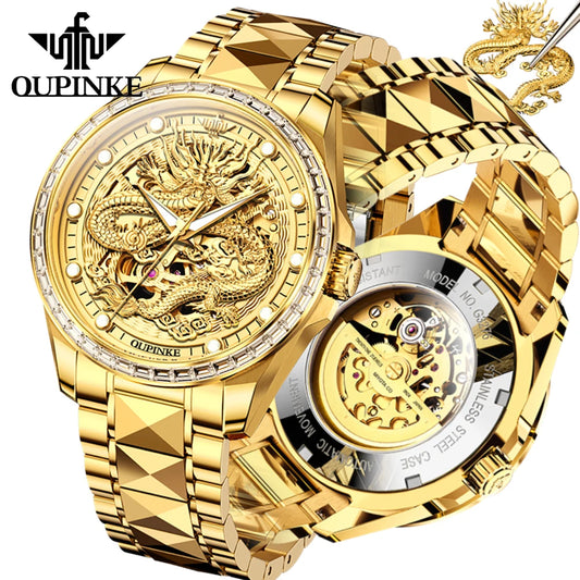 Relógios para homem OUPINKE de marca premium, em aço de tungsténio dourado de luxo, relógio de pulso mecânico automático original com mostrador de padrão de dragão em destaque