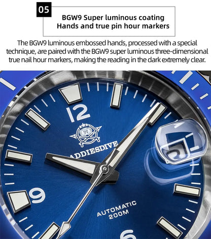 ADDIESDIVE New Diving Gift Watch Men 8215 Automatic Sapphire AR Coated Glass Ceramic Bezel Waterproof 200m Luminous Stainless St