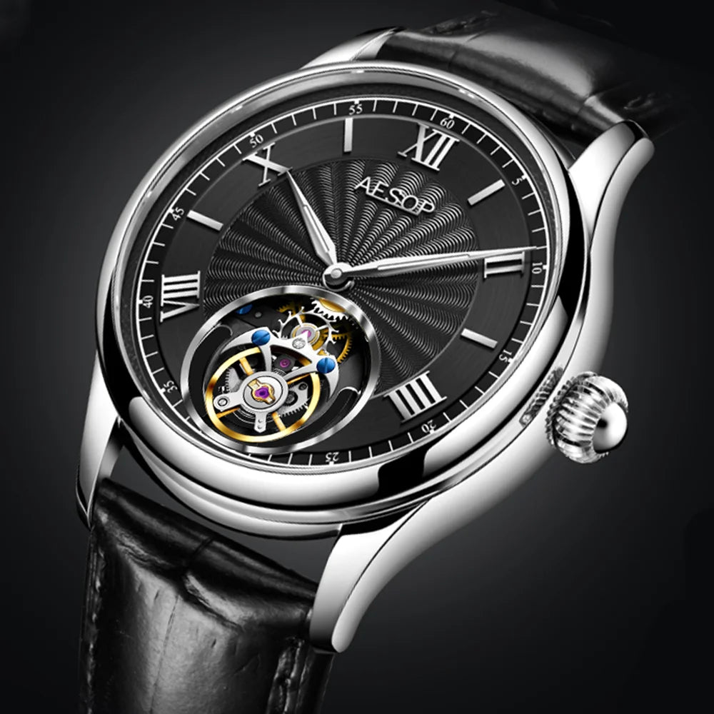 AESOP Mens Mechanical Wristwatches Flying Tourbillon Movement Skeleton Watch for Men Man Luxury Clocks Real Tourbillon Watch