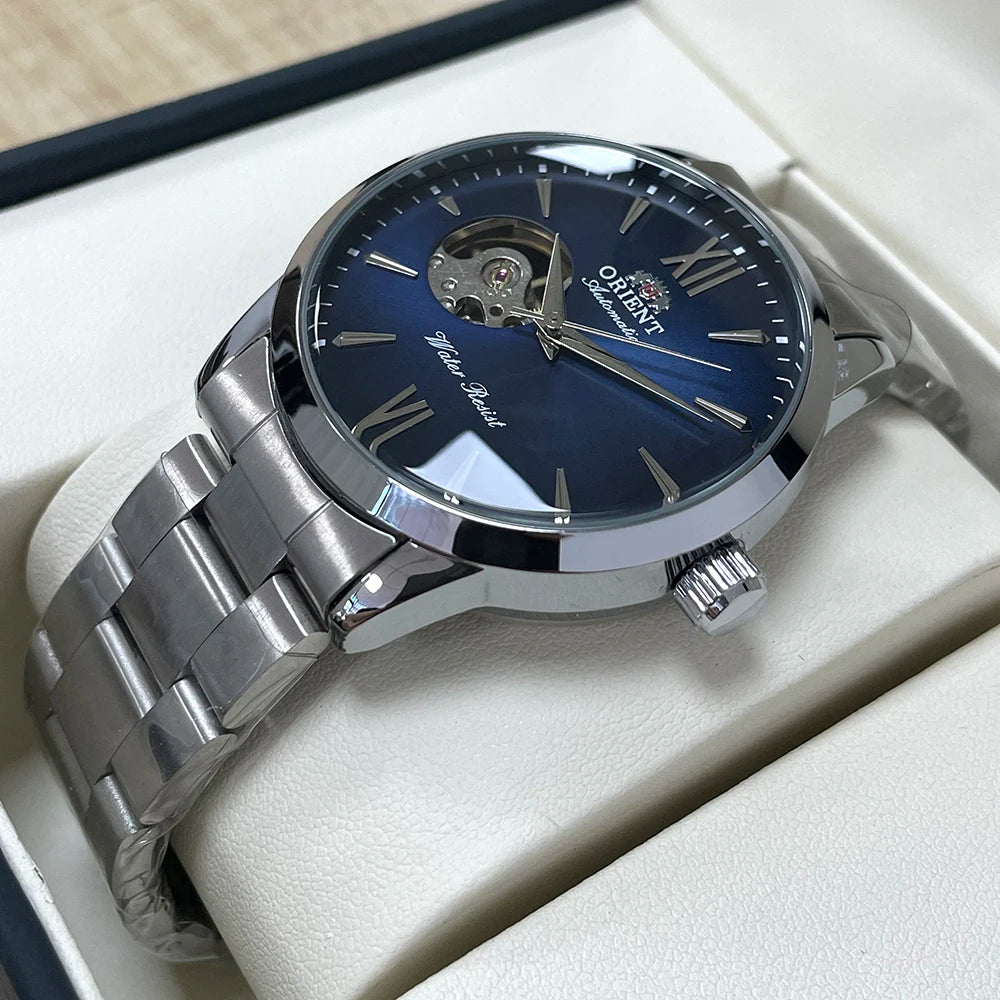 Orient Men's Automatic Open Heart Watch Blue Dial Stainless Steel Band Casual Dress Wristwatch 30M Water Resistant Fashion Watch