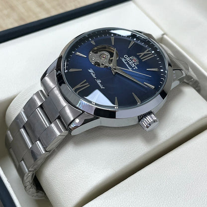 Orient Men's Automatic Open Heart Watch Blue Dial Stainless Steel Band Casual Dress Wristwatch 30M Water Resistant Fashion Watch