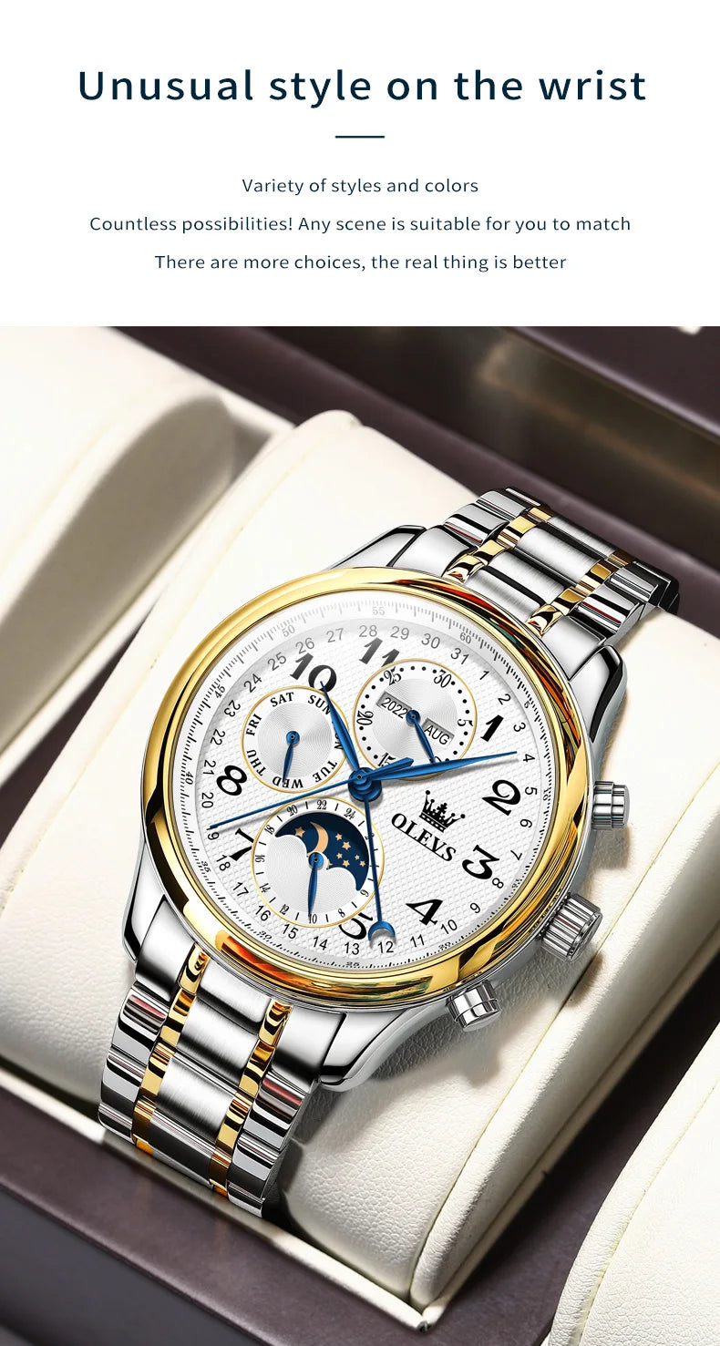 OLEVS 6667 Mens Watch Multifunctional Chronograph Mechanical Watch Leather Strap Moon Phase Watches For Man Luxury Original