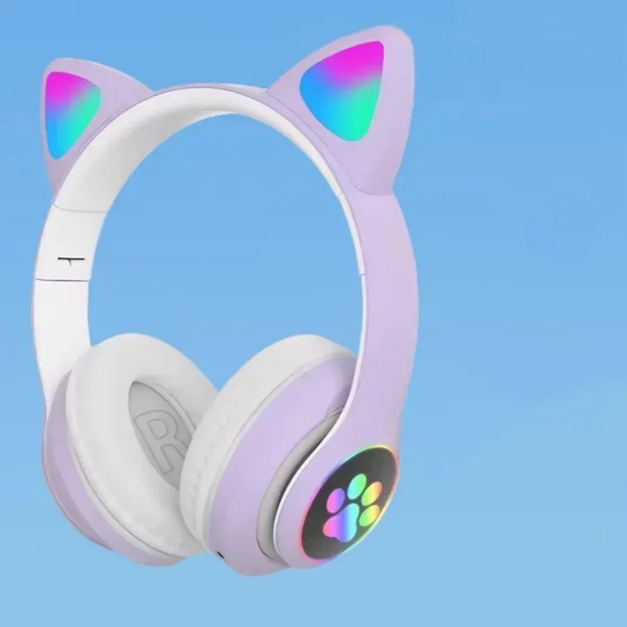 Cute Cat Ears Wireless Bluetooth Headphones with Mic LED Lights, Kids Stereo Music Headset, Cat Ear Wireless Headphones with Noise Cancelling, Gaming & Gift Headphones