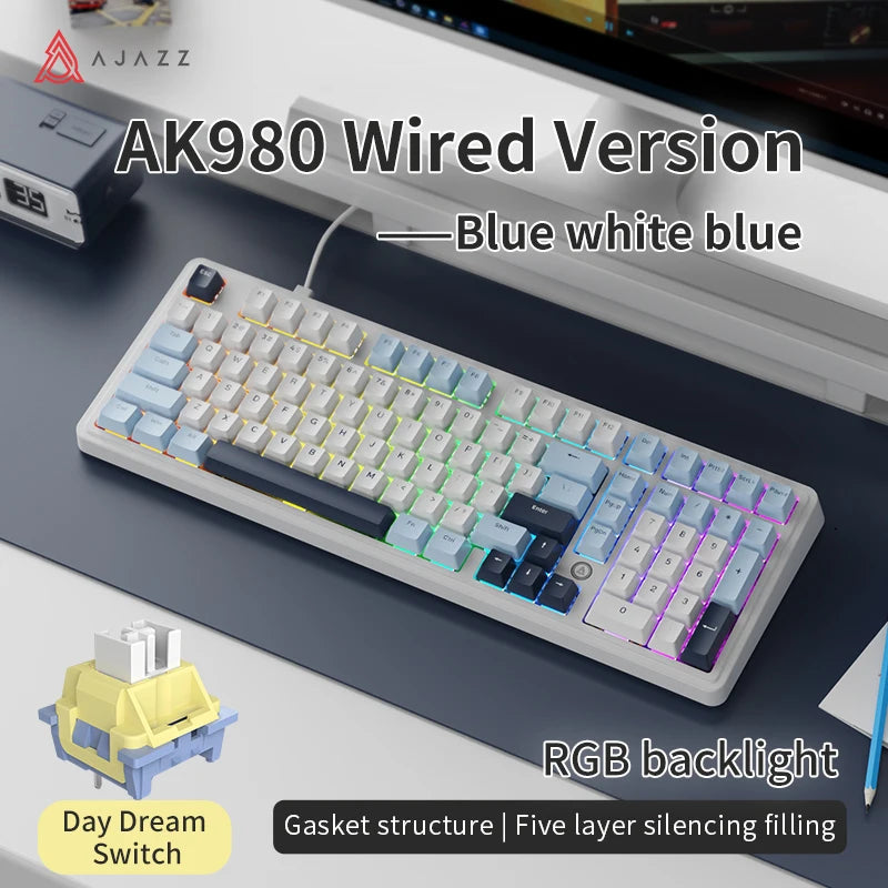 AJAZZ AK980 Wired Mechanical Keyboard Hot Swap Gasket RGB Low Noise Ergonomics Office Gaming Keyboard Customized PC Accessories