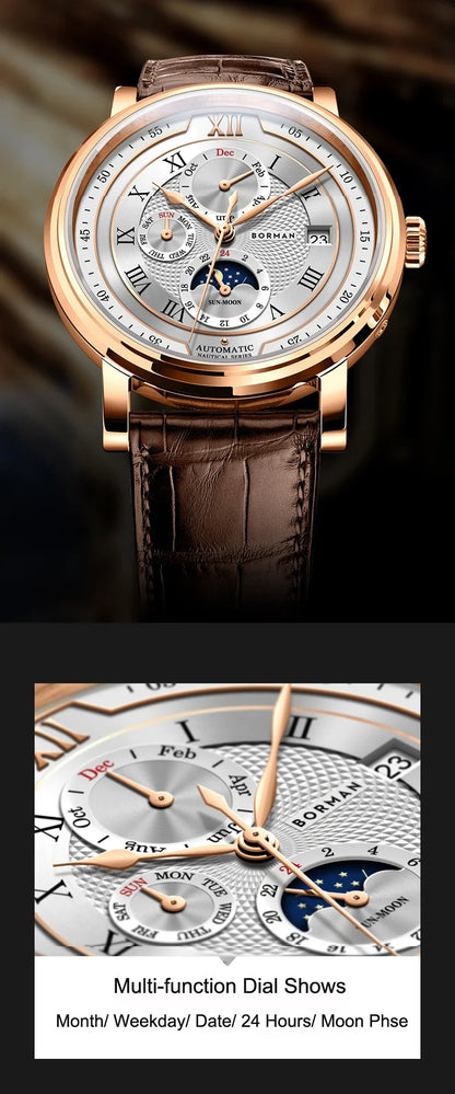 BORMAN BM3868 New 40mm Luxury Men Automatic Mechanical Men's Watches Sapphire Multi-function Waterproof Moon Phase Clocks