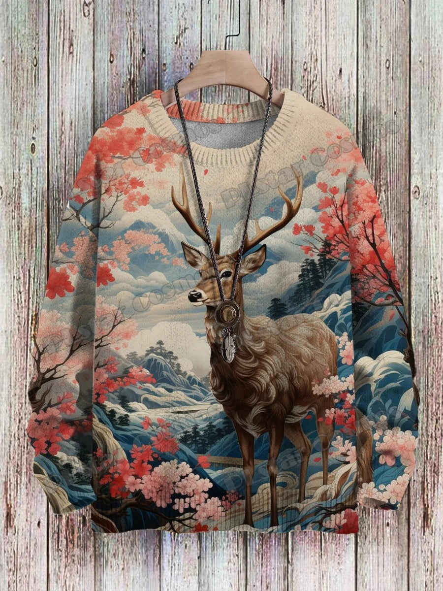 PLstar Cosmos Retro Dragon & Deer Art Pattern 3D Printed Mens Knitted Pullover Winter Unisex Casual Knit Pullover Sweater ZZM118