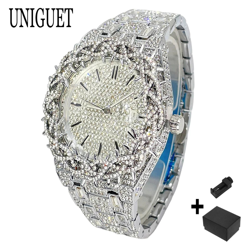 UNIGUET Luxury Full Diamond Watch For Men Fashion Hip Hop Ice Qut Bling Jewelry Quartz Wristwatch For Man Dropshipping
