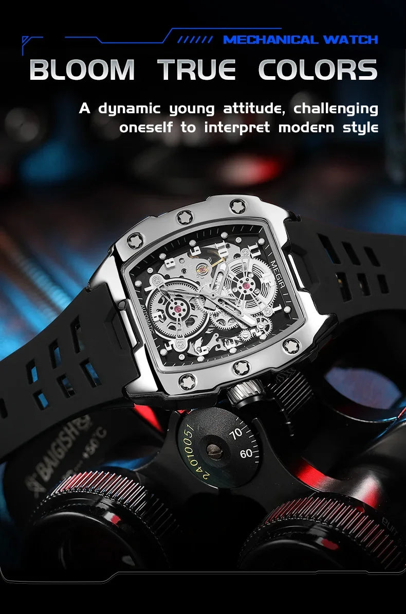 MEGIR Fashion Sport Alloy Case Men Mechanics Watch Waterproof Silicone Band Barrel Shaped Dial Luminous Pointer Man Wristwatches
