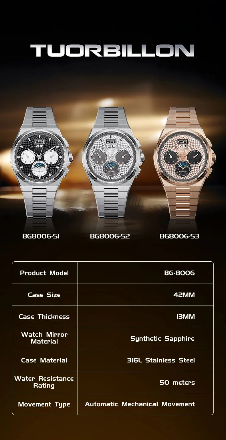 BONEST GATTI 2026 New Men's Automatic Watch 316L Stainless Steel Luminous Date Week Month 24H Display Business Mechanical Watch