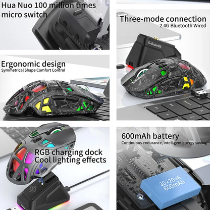 Ľahká herná myš Lenovo Tri-Mode s RGB nabíjacím dokom, 12000DPI, 2.4G/Bluetooth/káblové pripojenie, ergonomická myš pre PC a notebook