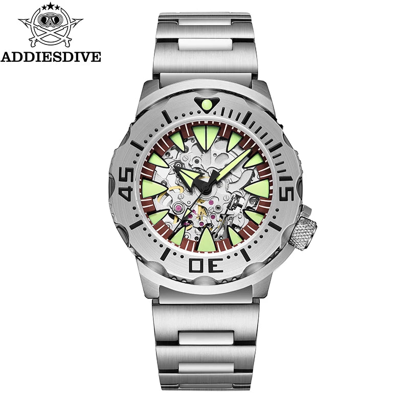 ADDIESDIVE  Luxury Automatic Watches for Men Sapphire 8N24 Stainless Steel Skeleton Luminous 20Bar Waterproof Gift Box Watch