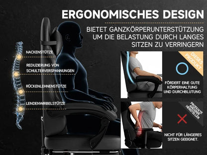 PINGGO Ergonomic Gaming Chair with Footrest Massage, PVC Leather PC Gaming Chair, Adjustable Reclining Office Chair with Lumbar Support