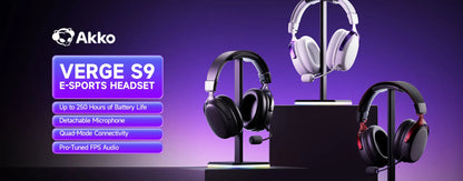 Auscultadores Gaming AKKO Verge S9 com Microfone – Driver de 53mm, Bluetooth 5.3 Sem Fios Quad-Mode, Som Surround 7.1, Auscultadores Gaming Profissionais para FPS