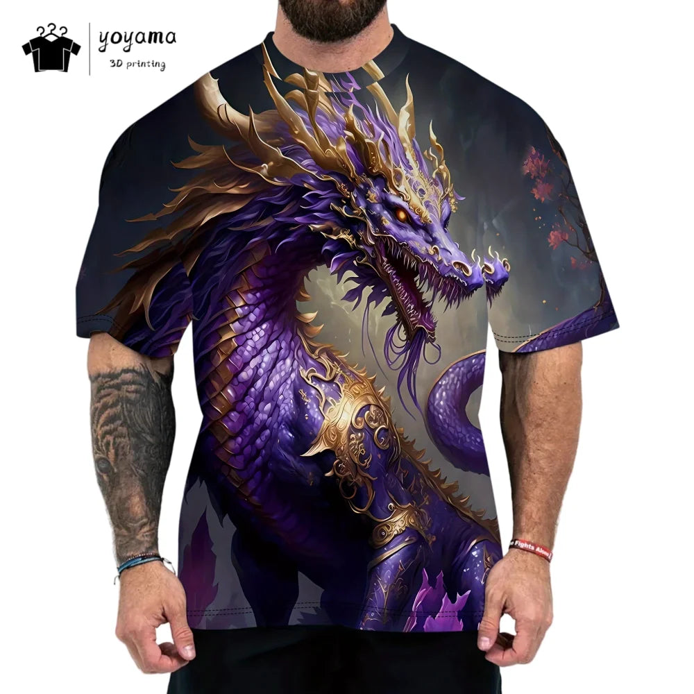 T-shirts för herr med drakmönster, kortärmad T-shirt, trendig streetwear-topp med O-ringning, djurmönster i 3D-tryck, lös och mångsidig herrklädsel