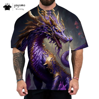 T-shirts för herr med drakmönster, kortärmad T-shirt, trendig streetwear-topp med O-ringning, djurmönster i 3D-tryck, lös och mångsidig herrklädsel