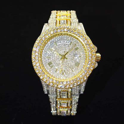 Men's Gold Quartz Watches Calendar Week Display Diamond Watch For Man Dropshipping
