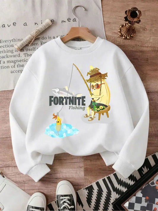 Sweat-shirts Fortnite novos para criança, hoodie com estampado de personagem de jogo em estilo cartoon, camisolas casuais de outono para criança, roupa de inverno para bebé menino