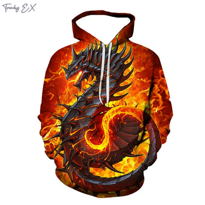 Neues 3D-Sweatshirt mit lila Flammendrachen-Grafik, Kordelzug, Pullover-Kapuze, Harajuku-Stil, Kängurutasche und langen Ärmeln für Herren