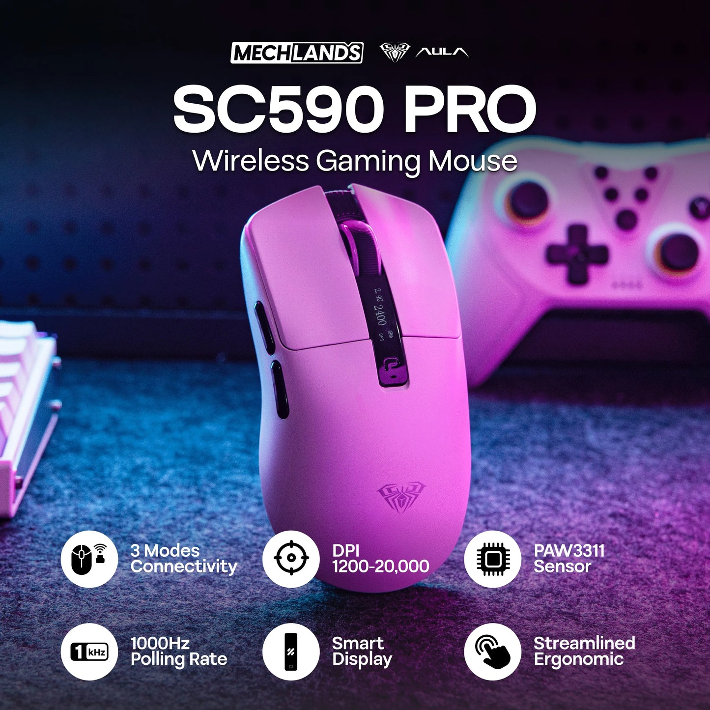 Ratón gaming AULA SC590 PRO con cable/Bluetooth/inalámbrico 2.4GHz, 20000 DPI y sensor PAW3311 con tasa de sondeo de 1000 para Win/Mac/gaming