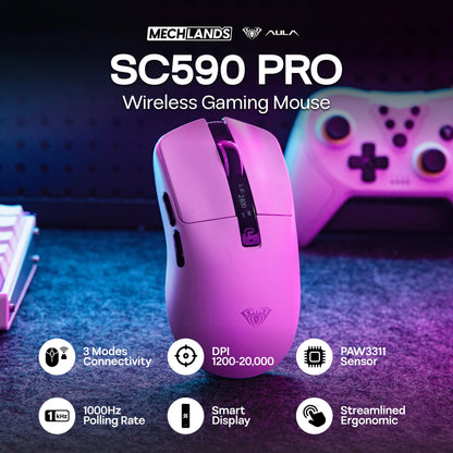 Ratón gaming AULA SC590 PRO con cable/Bluetooth/inalámbrico 2.4GHz, 20000 DPI y sensor PAW3311 con tasa de sondeo de 1000 para Win/Mac/gaming