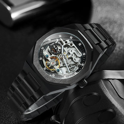 Forsining Tourbillon Skeleton Mechanical Watch for Men Luminous Hands Stainless Steel Strap Fashion Business Automatic Watches